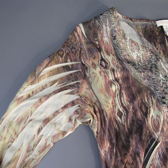Chico's Boho Print Top Women's Size 2 V-Neck Shirt USA Made Large 12 L‎ Nature - Picture 4 of 8